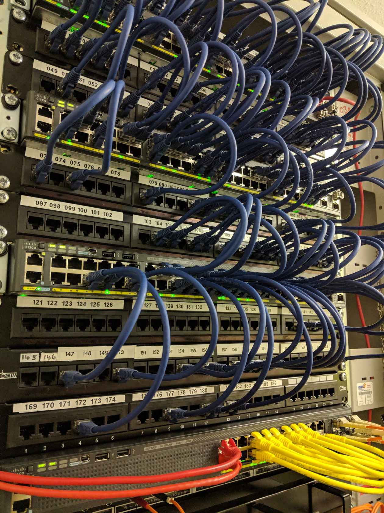 A rack of multiple connected network switches